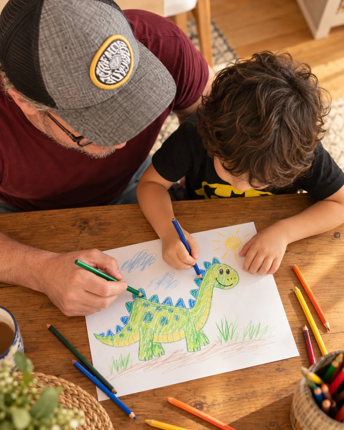 Markus Haertel und sein Sohn Max malen zusammen am Küchentisch einen Dinosaurier aus