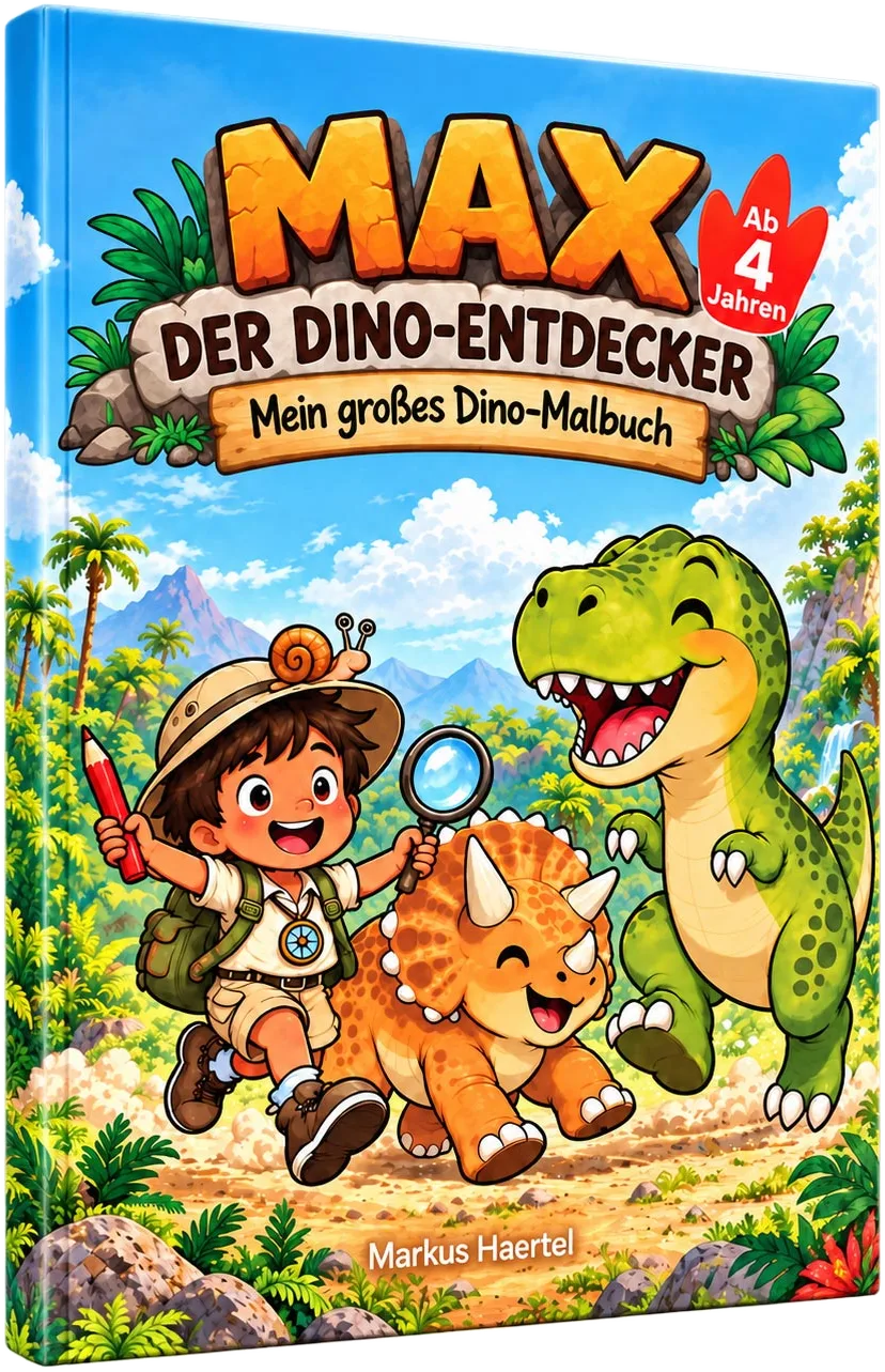 Das Malbuch „Max der Dino-Entdecker – Mein großes Dino-Malbuch“ von Markus Haertel, ab 4 Jahren