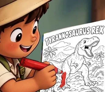 Max malt den T-Rex mit einem roten Stift aus