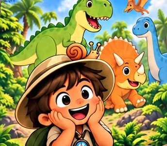 Max träumt, hinter ihm stehen bunte Dinosaurier
