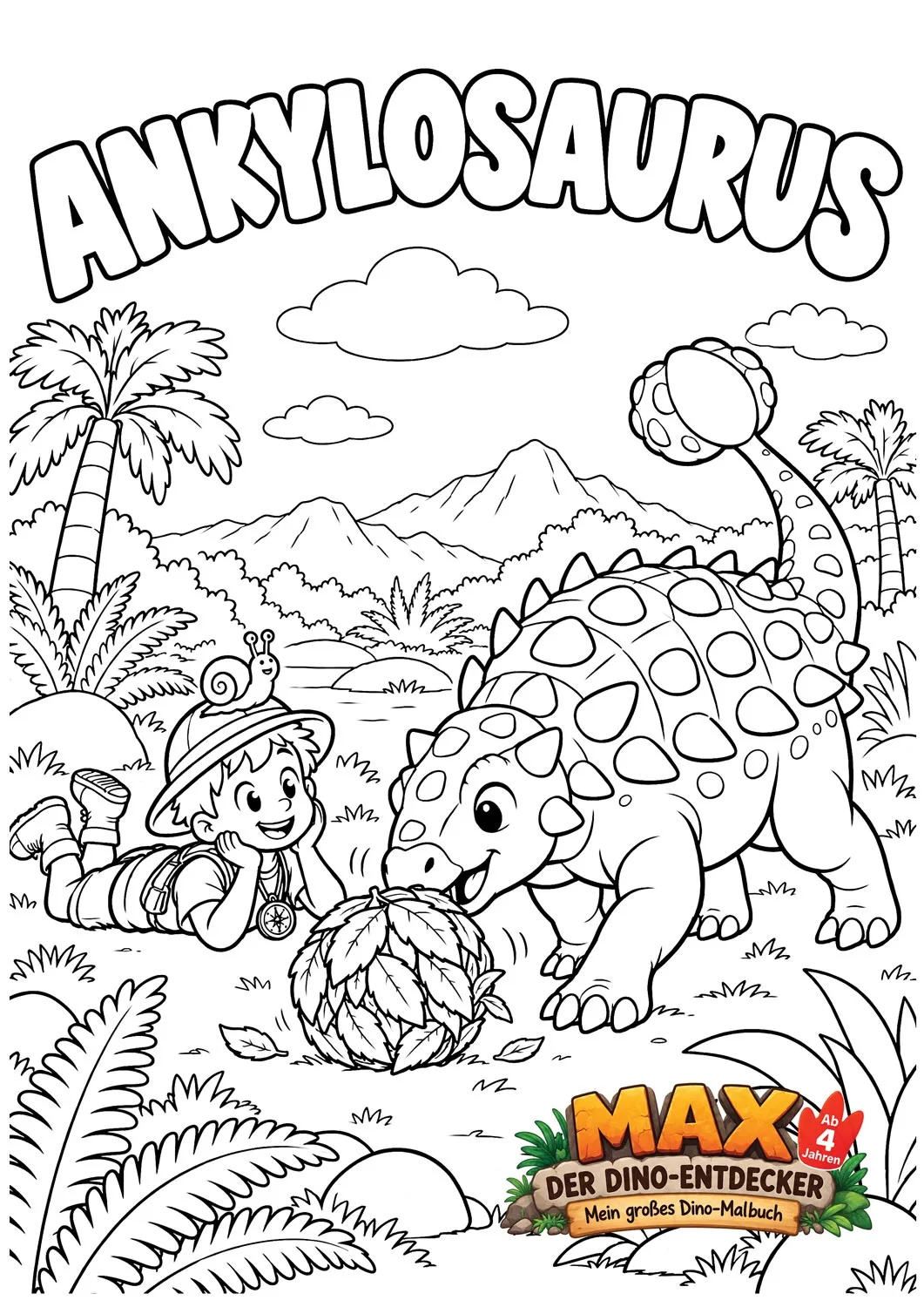 Ausmalseite: Max spielt mit einem Ankylosaurus Ball