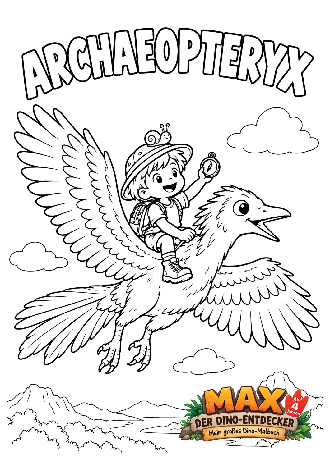 Ausmalseite: Max fliegt auf einem Archaeopteryx