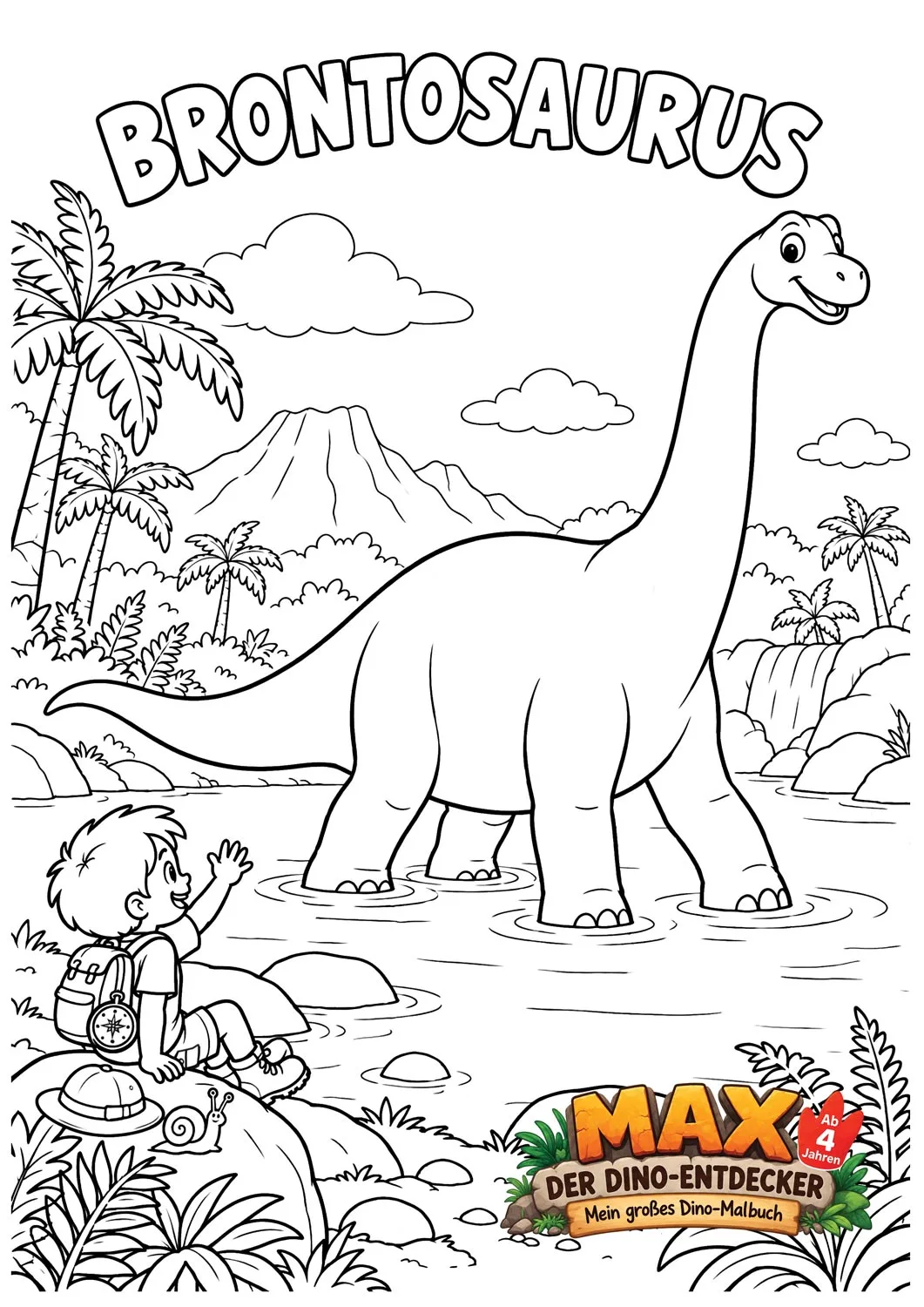 Ausmalseite: Brontosaurus steht im Wasser, Max sitzt am Ufer