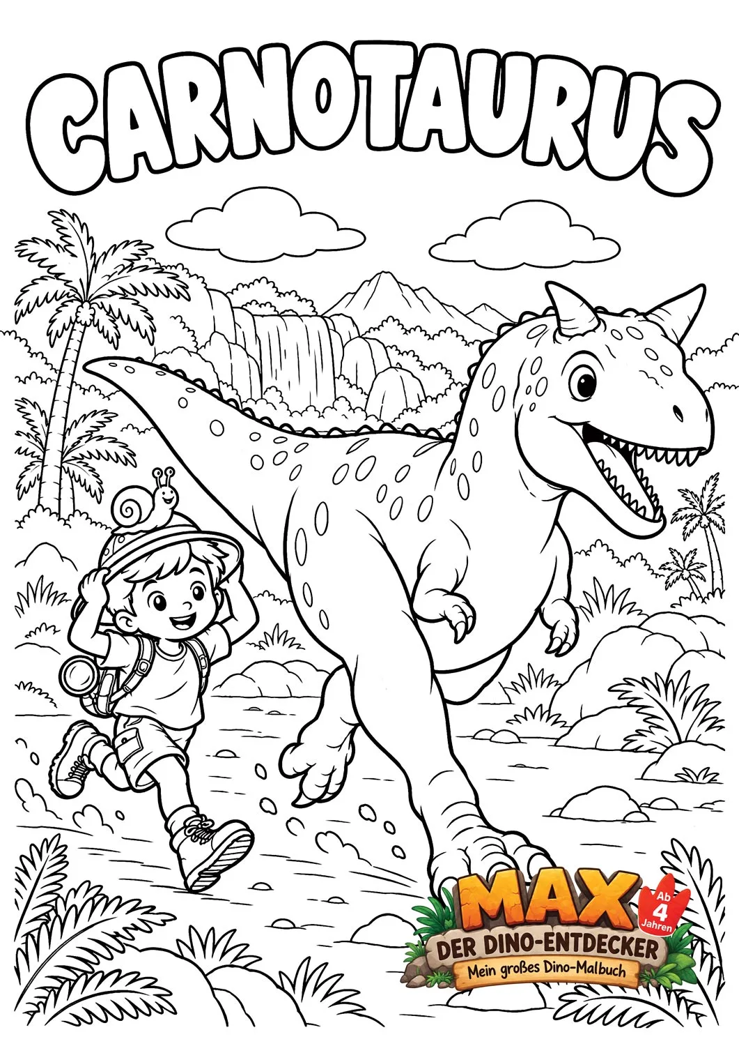 Ausmalseite: Max rennt vor einem Carnotaurus davon