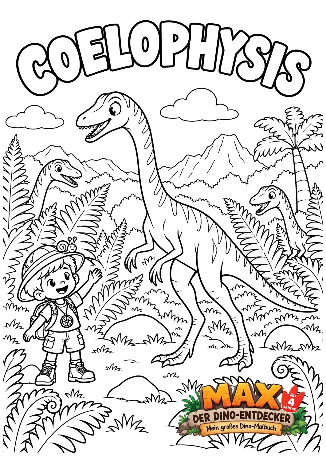 Ausmalseite: Max winkt einem großen Coelophysis zu