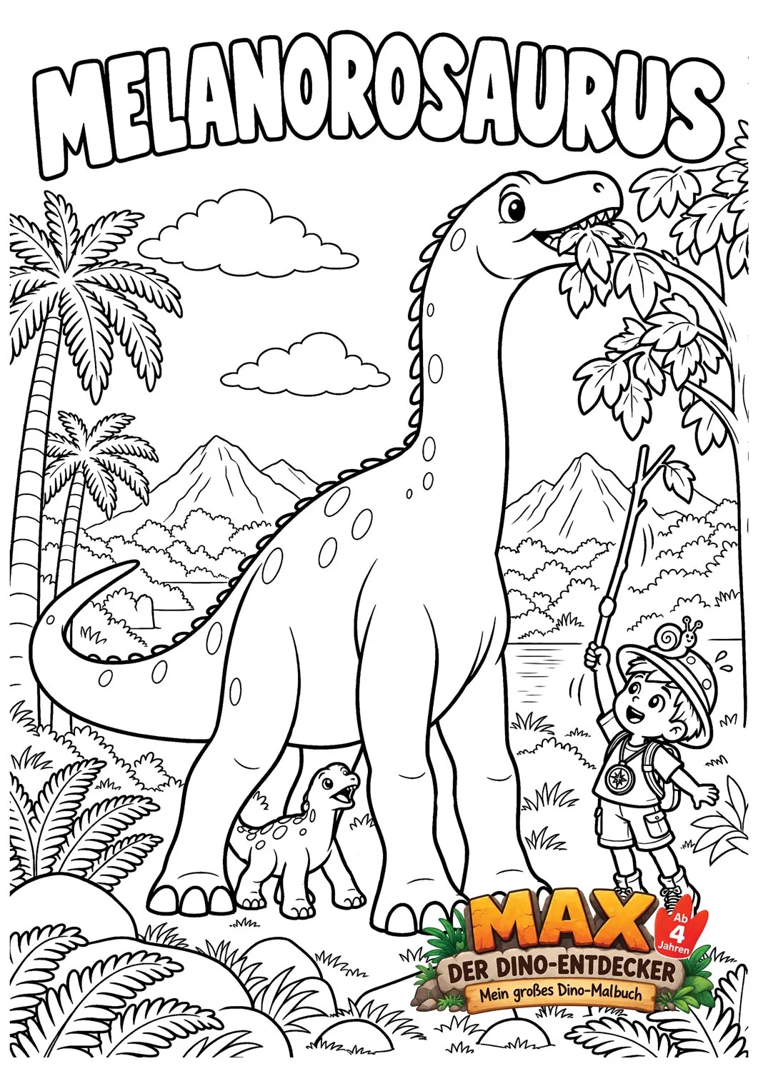 Ausmalseite: Max reicht einem Melanorosaurus ein Blatt