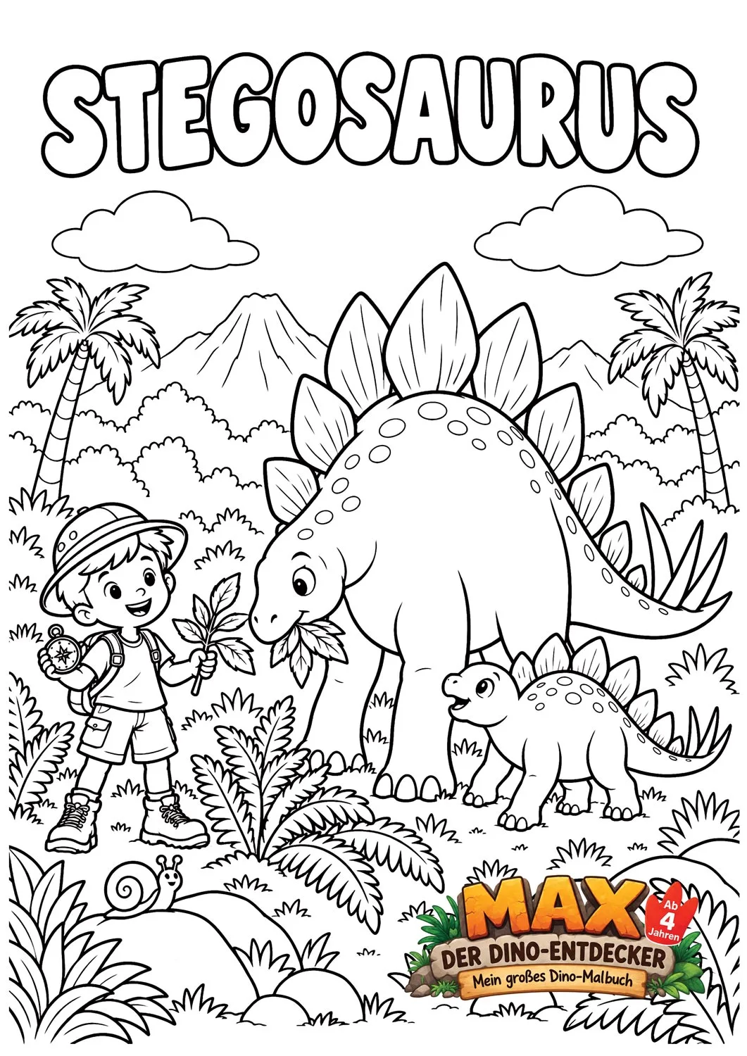 Ausmalseite: Max reicht einem Stegosaurus ein Blatt, daneben ein Jungtier